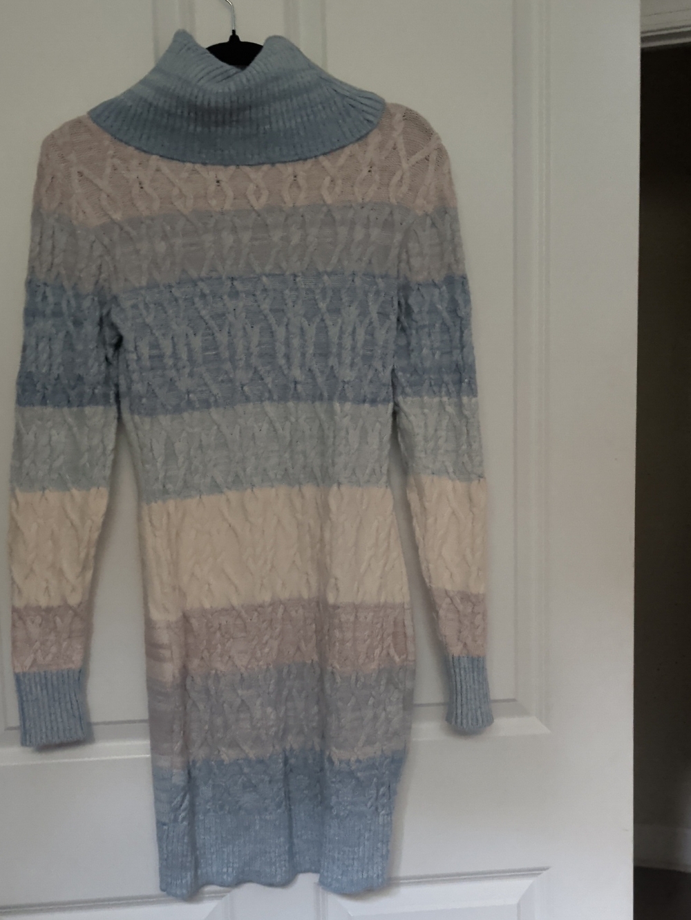 VENUS Women's Cream and Light Blue Striped Cable-Knit Turtleneck Sweater Dress